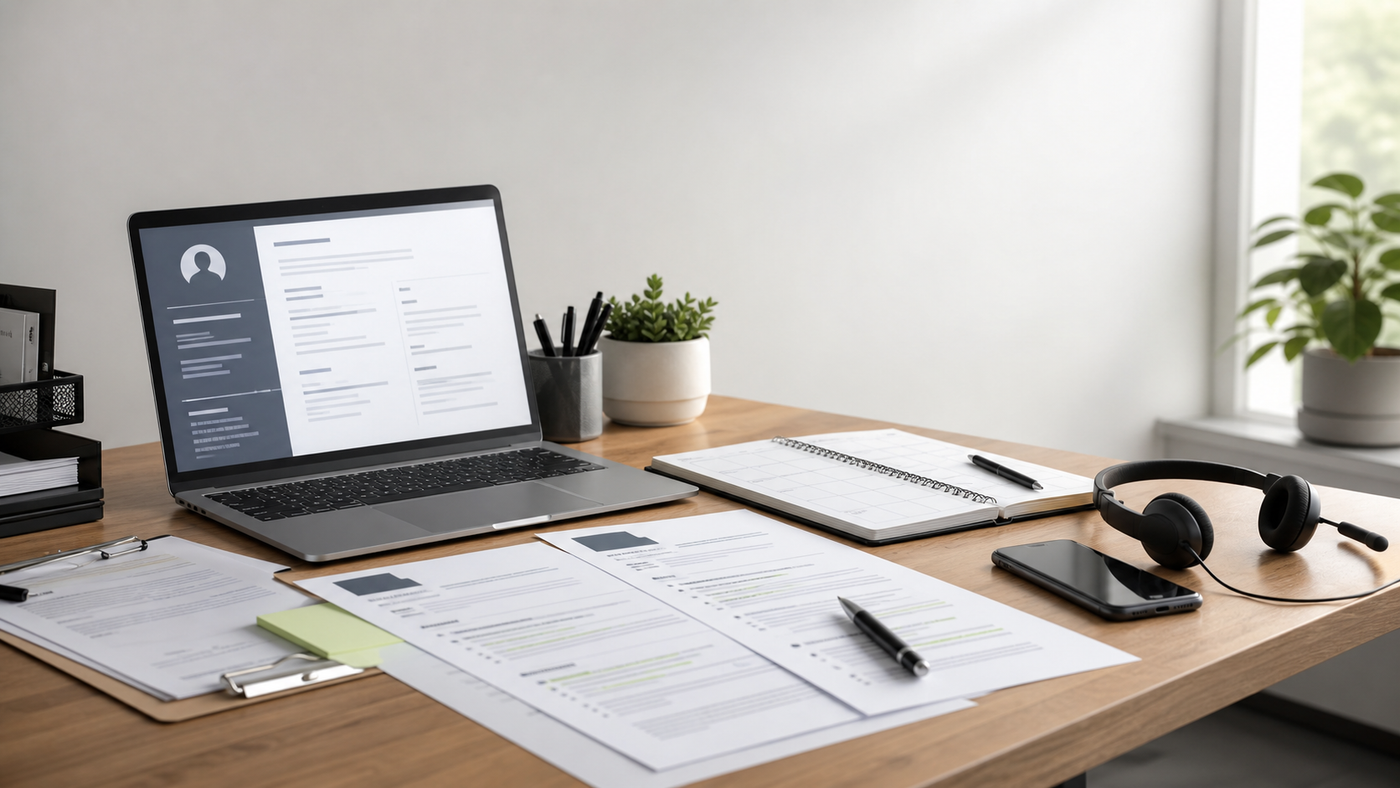 OfficeTool workspace with resume pages, laptop, calendar, and headset